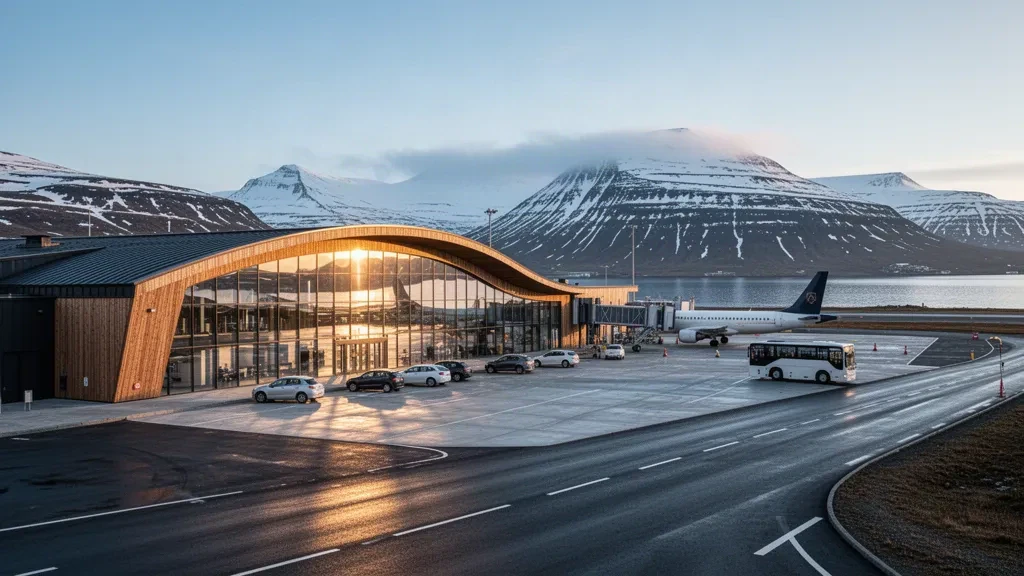 Modern glass and timber terminal at Alta Airport in Arctic Norway, with snow-dusted mountains and a fjord beyond the apron in golden light