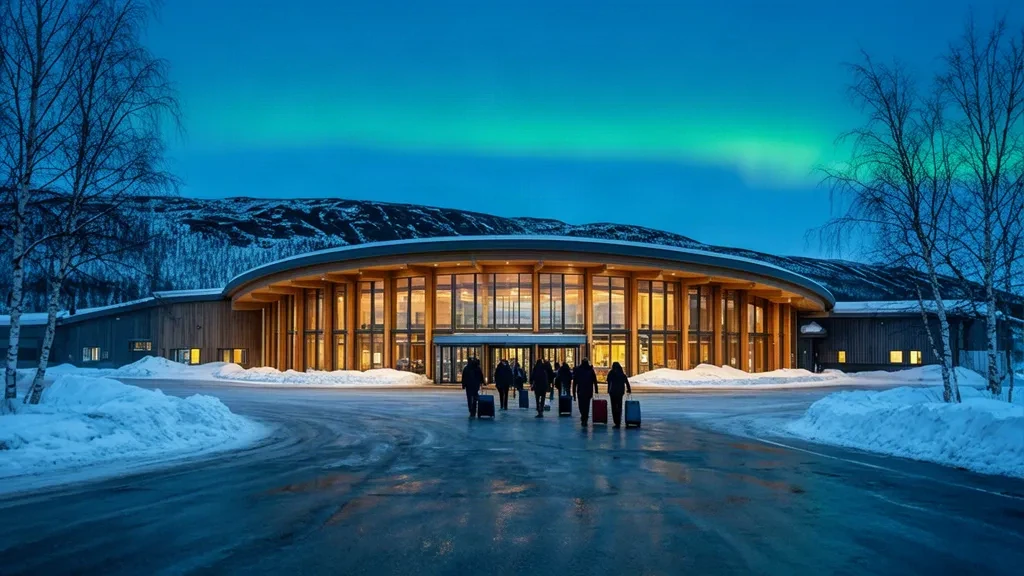 Blick auf das Terminal des Flughafens Alta in der Winterdämmerung in Finnmark, Norwegen, mit Reisenden, die vor der Holz- und Glasfassade ankommen