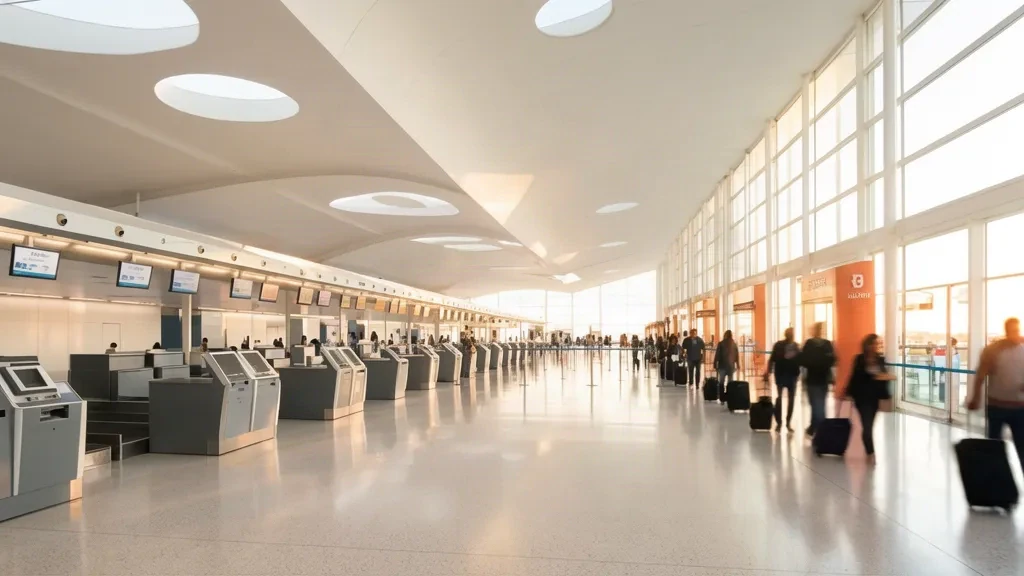 Luftige Check-in-Halle im Flughafen Alicante-Elche Miguel Hernández mit geschwungenem weißem Dach, Glaswänden und mediterranem Tageslicht