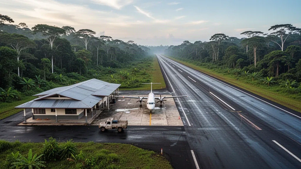 Pequeña terminal de aeropuerto remoto en la Amazonía y pista estrecha en el aeropuerto de Alerta, en Perú, rodeada de un denso dosel de selva tropical