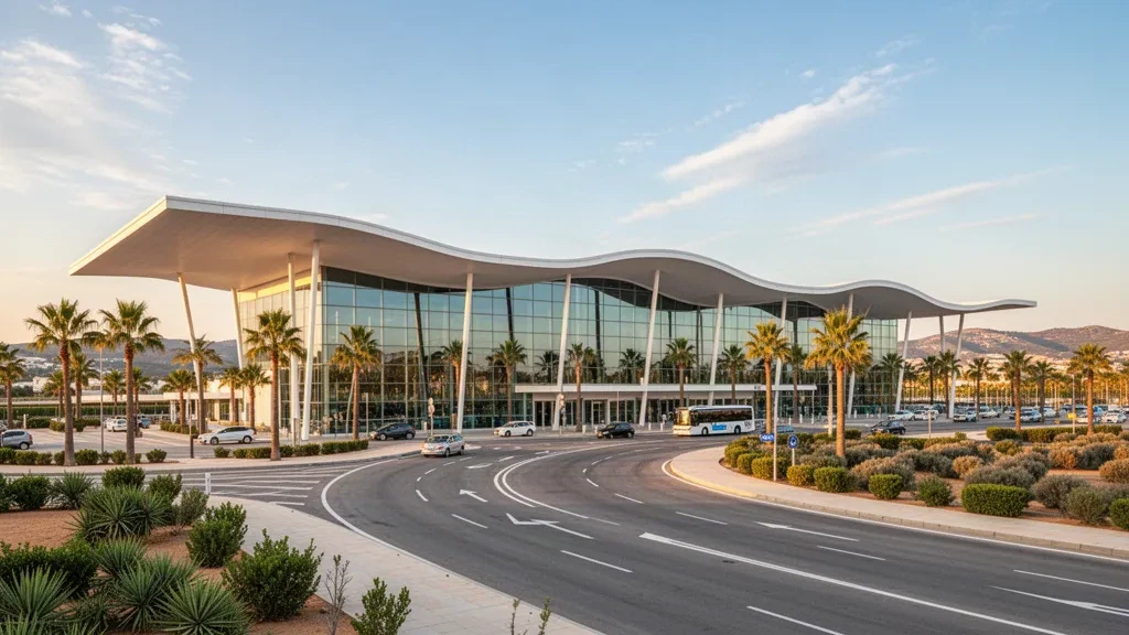 Esterno moderno in vetro del terminal dell'aeroporto di Alicante-Elche Miguel Hernández con palme e luce diurna mediterranea