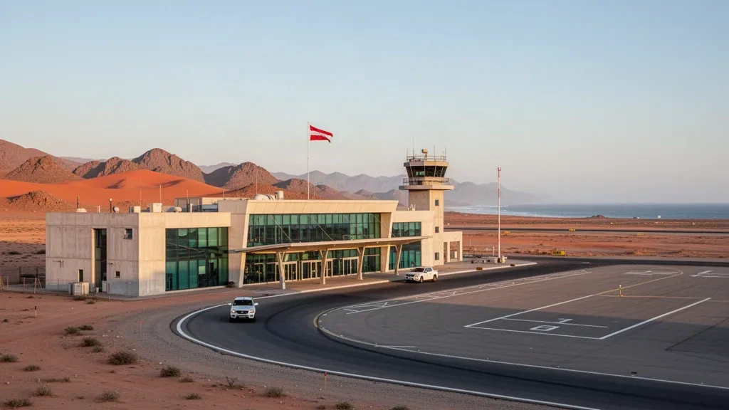 Alexander Bay Airport terminal and kerbside drop-off in the Northern Cape desert at golden hour