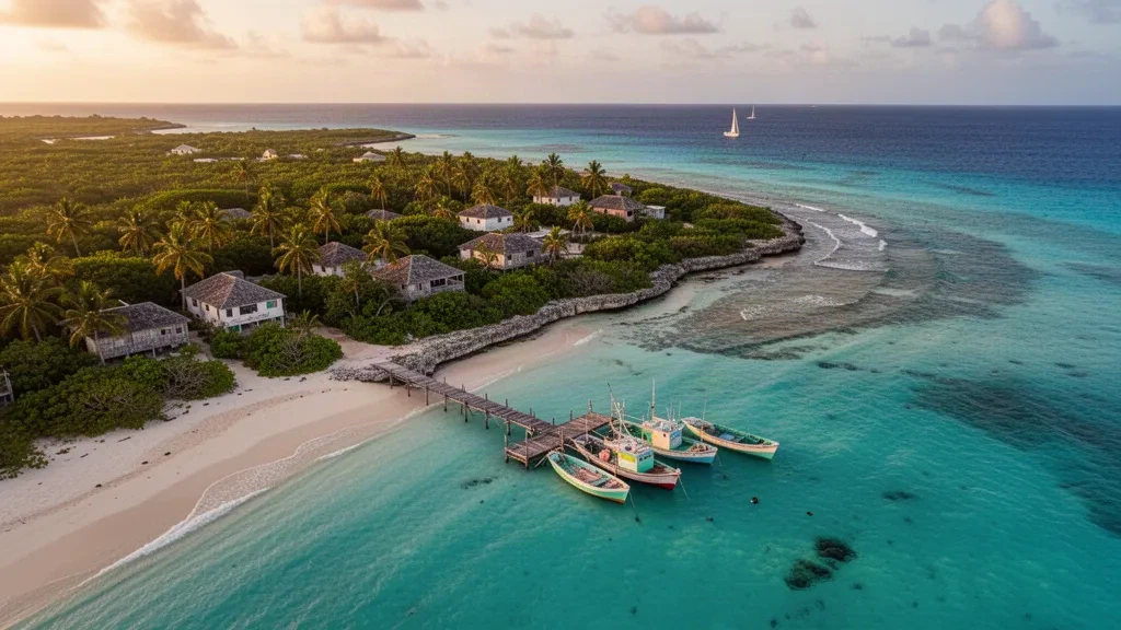 Turquoise Caribbean water and pale sand beach along the Rum Cay coastline near Port Nelson in the Bahamas