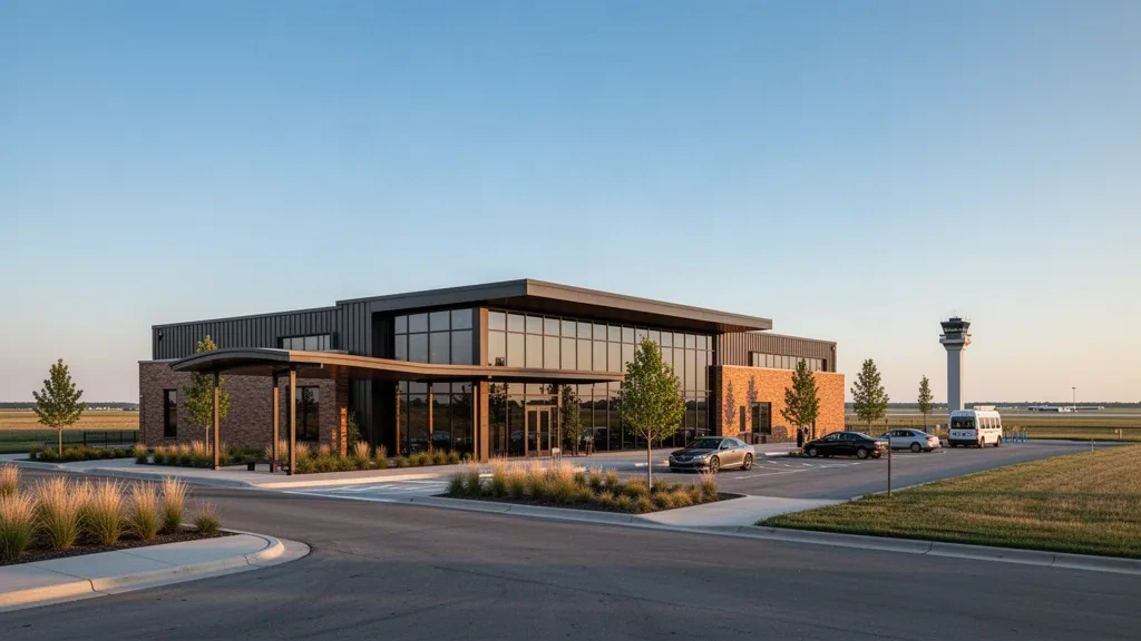 Modern brick and glass terminal at Waterloo Regional Airport in Iowa with a curved drop-off canopy under golden-hour light