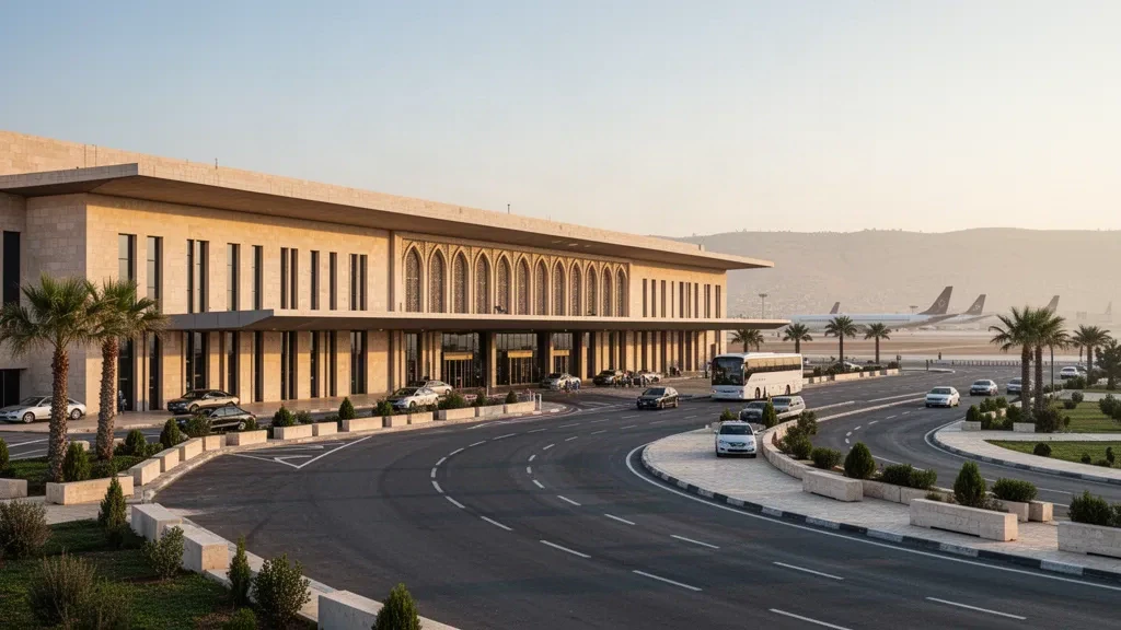 Moderner Terminal-Außenbereich und Bringspuren am internationalen Flughafen Aleppo im warmen Licht der goldenen Stunde, mit Palmen und fernen Hügeln.
