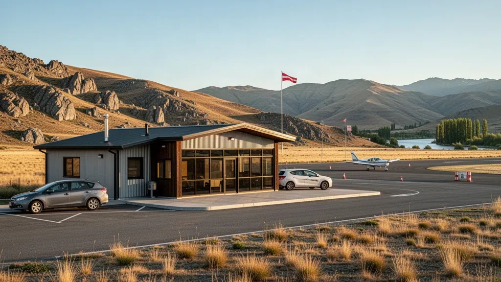 Small regional aerodrome terminal and apron beneath golden Central Otago hills near Alexandra, New Zealand