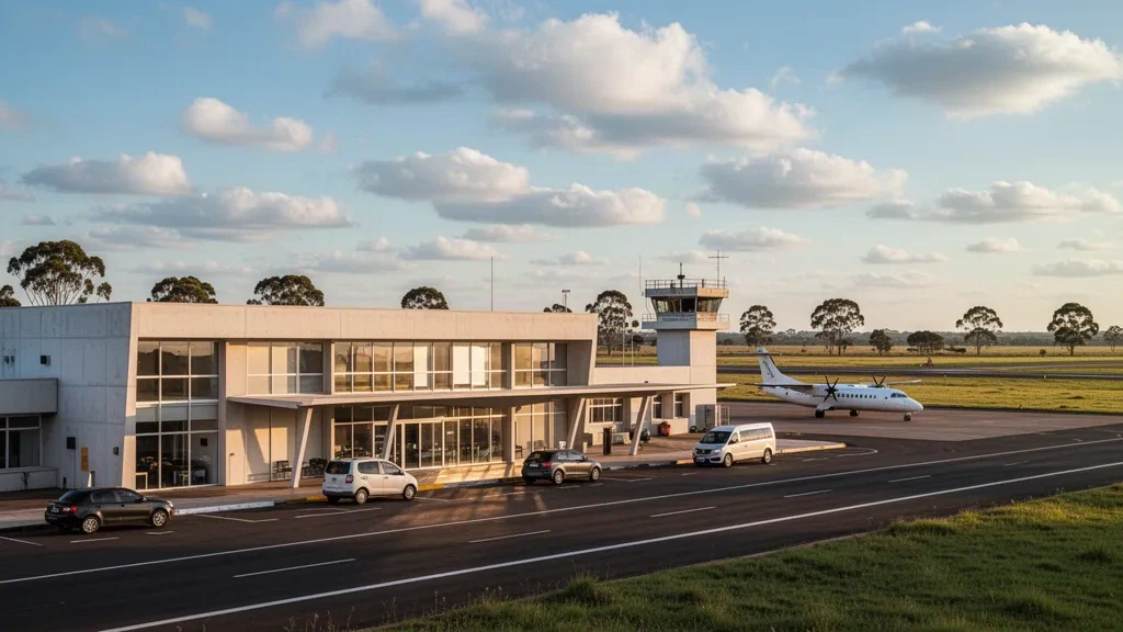 Terminal basso con facciata in vetro e corsia di sosta all'aeroporto di Alegrete Novo, in Rio Grande do Sul, Brasile, sotto una calda luce di fine pomeriggio.