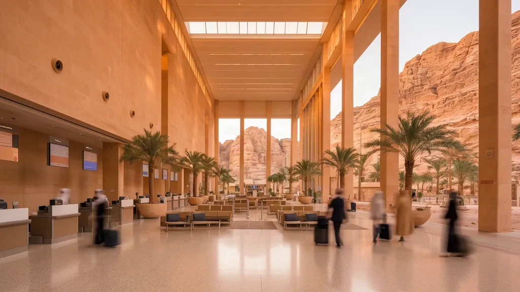 Spacious modern terminal interior at AlUla International Airport in Saudi Arabia, with sandstone architecture and warm desert daylight