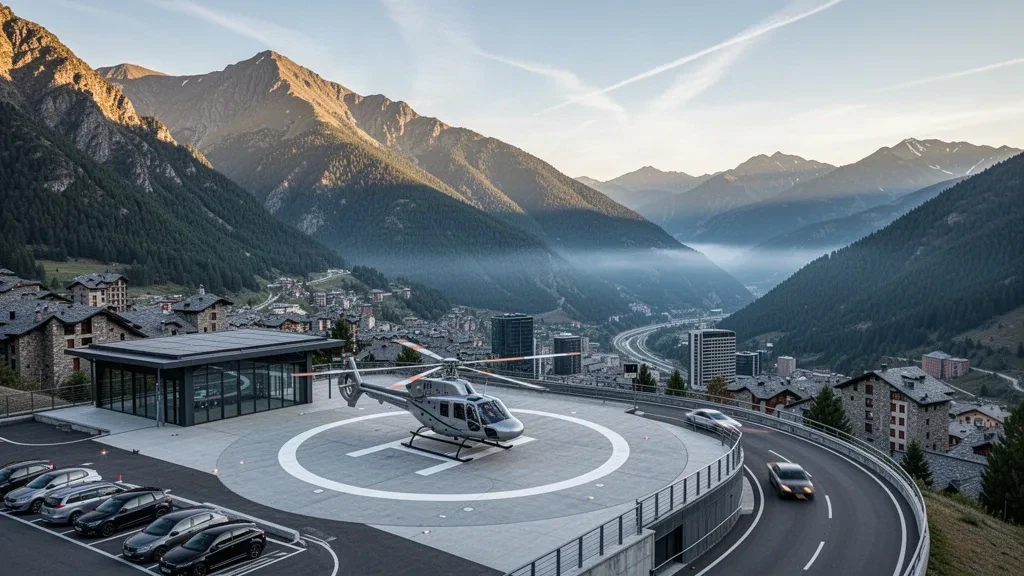 Helicopter on the Andorra la Vella heliport pad with Pyrenean peaks and the valley city skyline in golden morning light