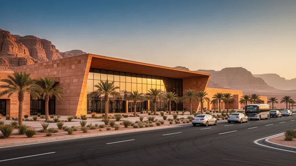 Exterior moderno de arenisca y cristal de la terminal del aeropuerto internacional de AlUla a la hora dorada, enmarcado por formaciones rocosas del desierto y vías de acceso bordeadas de palmeras
