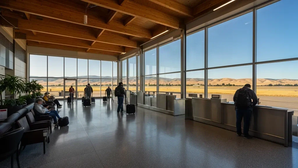 Sunlit interior of the Walla Walla Regional Airport terminal in Washington with travellers at the check-in counters