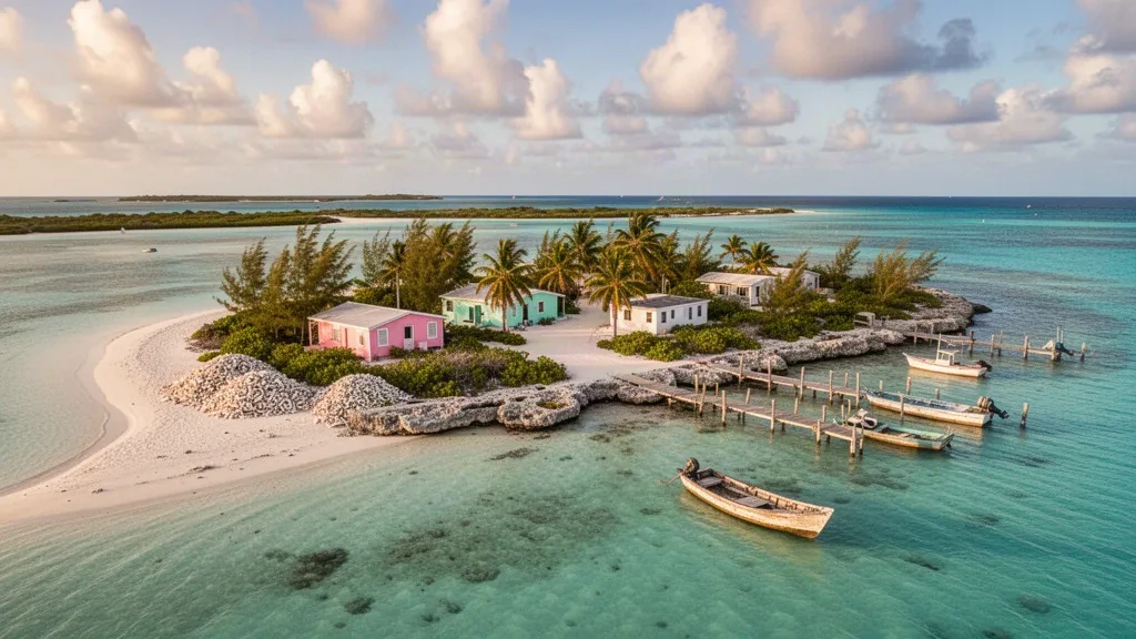 Secche turchesi, costa corallina e case pastello sull'isola di Duncan Town a Ragged Island, Bahamas, viste dall'alto