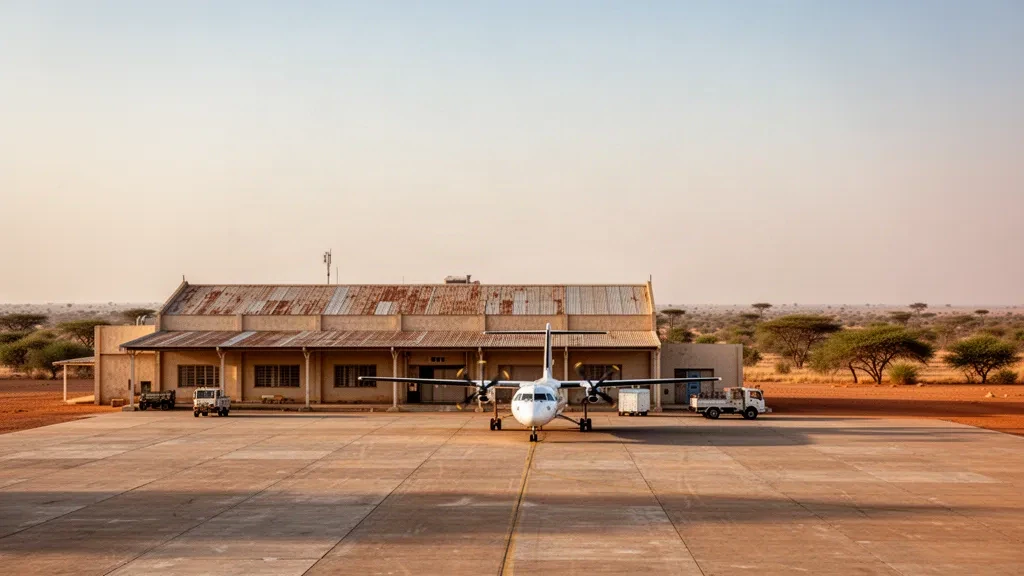 Çad'ın Salamat bölgesindeki Am Timan Havalimanı'nda güneşle aydınlanan apron ve alçak terminal binası, park halindeki bir turboprop uçak ve ötesinde kurak Sahel savanası.