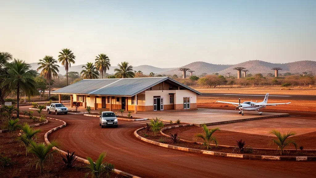 Piccolo terminal regionale, piazzale e strada di accesso in laterite all'Aeroporto di Ambilobe nel nord del Madagascar in una calda luce tropicale pomeridiana