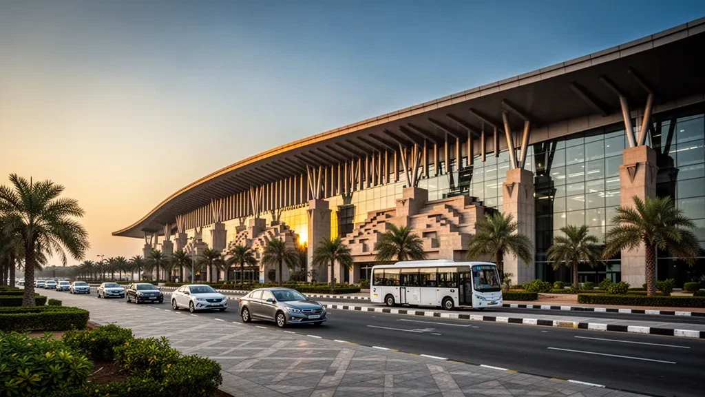 Moderne Glasfassade des Terminals am Sardar Vallabhbhai Patel International Airport in Ahmedabad, die in der goldenen Stunde mit geschwungenem Dach und Vorfahrspuren leuchtet