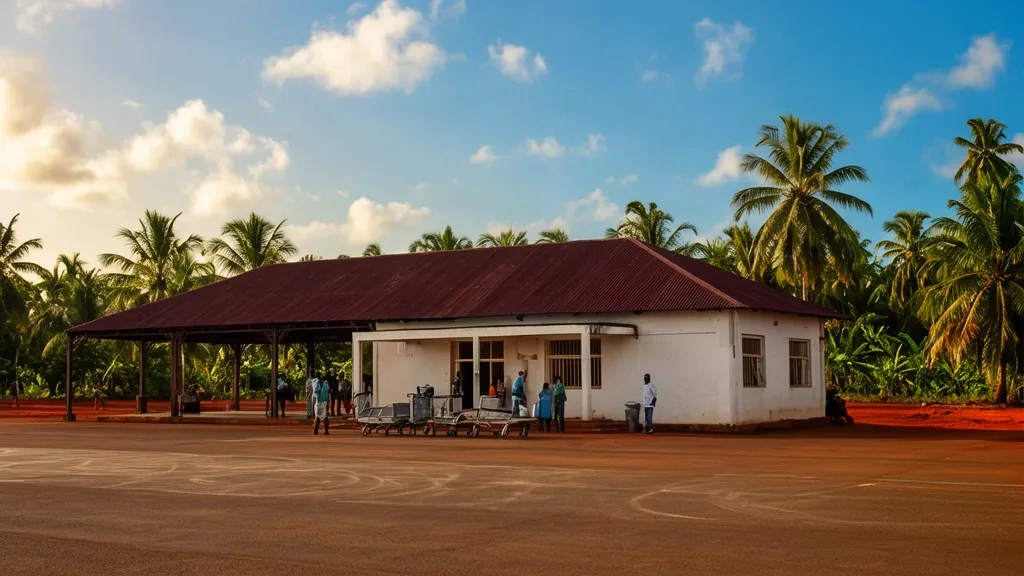 Vue extérieure du terminal de l'aéroport d'Alto Molócuè au Mozambique avec végétation tropicale et ciel dégagé