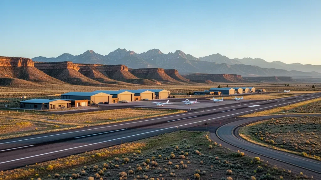 Eine kleine Start- und Landebahn für die allgemeine Luftfahrt und Hangars am Animas Air Park nahe Durango, Colorado, mit Bergblick zur goldenen Stunde.
