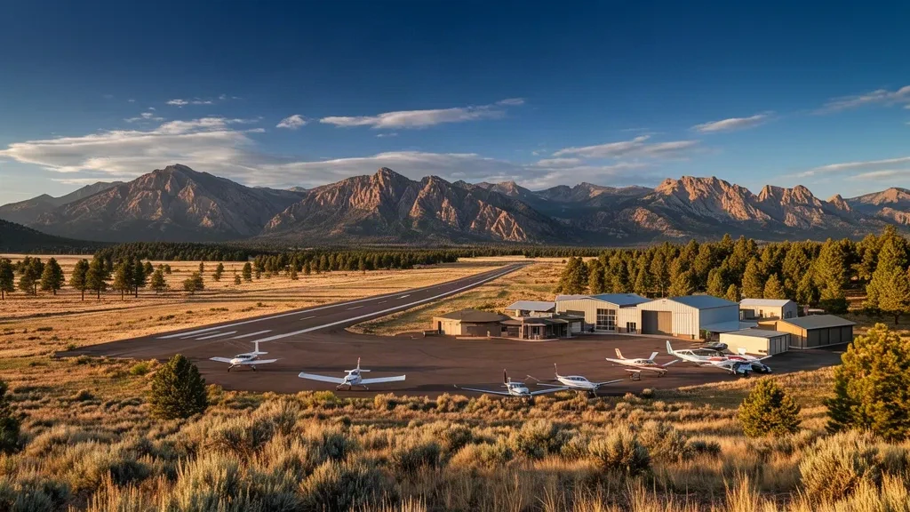 Animas Air Park AMK nahe Durango, Colorado, mit kleiner Start- und Landebahn, Hangars und Bergblick.