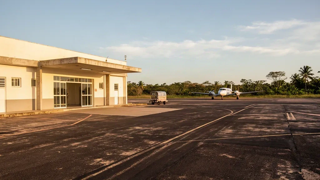 Modesto edificio terminal regional y plataforma soleada del Aeropuerto Cirilo Queiróz en Almenara, Minas Gerais, Brasil