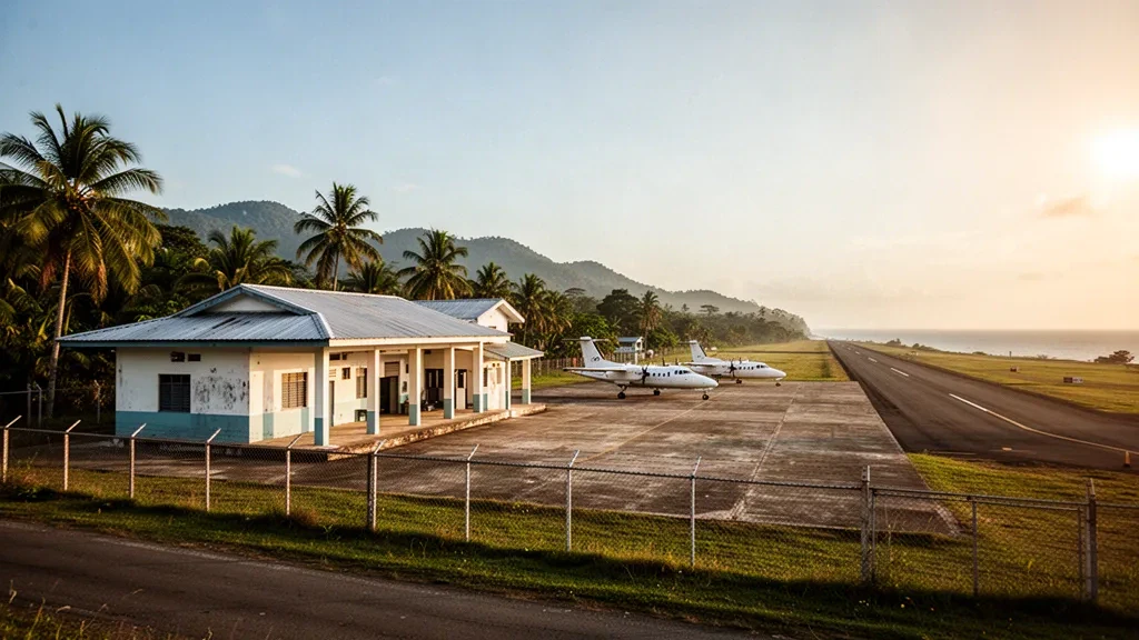Niedriges tropisches Terminal, Vorfeld und Startbahn am Flughafen Puerto Armuelles in Panama, umrahmt von Palmen in warmem Licht zur goldenen Stunde.