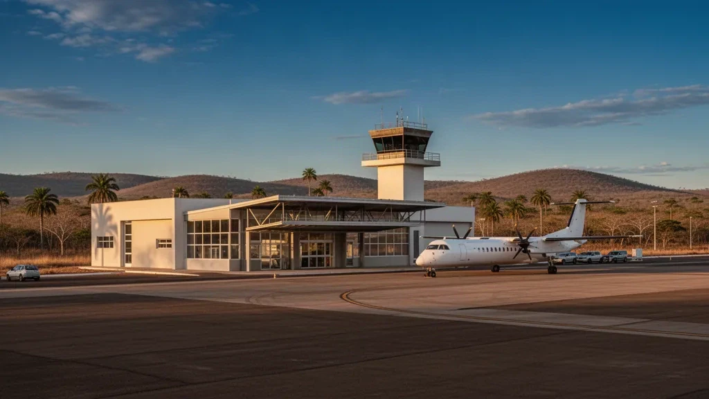 Brezilya'nın Almenara kentindeki Cirilo Queiróz Havaalanı'nda sıcak öğleden sonra ışığı altında küçük bölgesel terminal ve apron.
