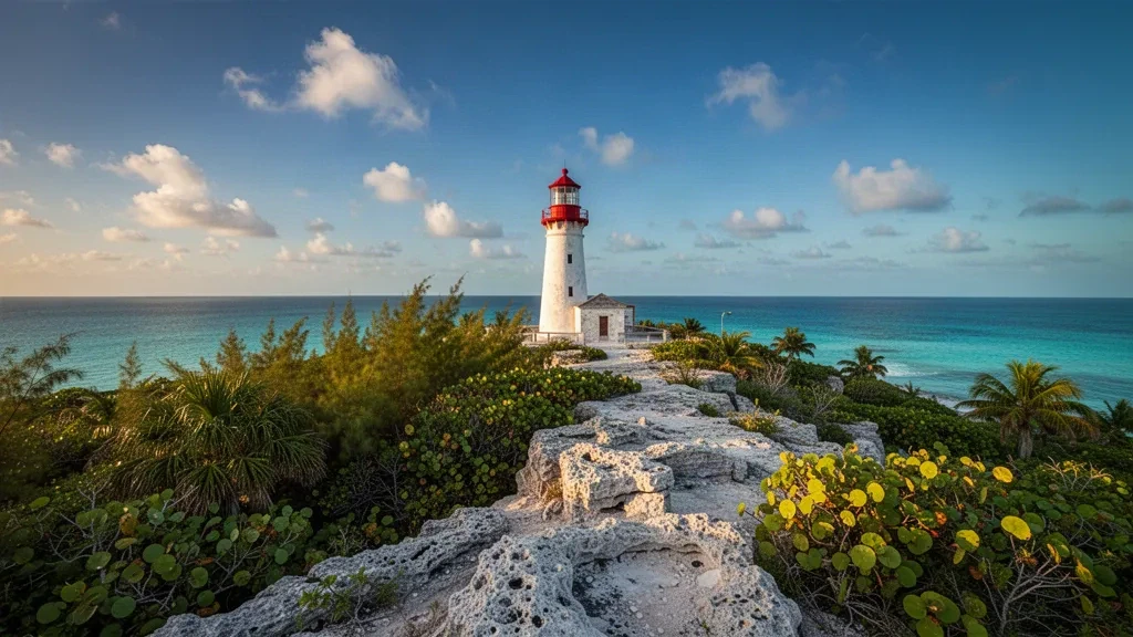 Lighthouse on a limestone ridge above the turquoise Atlantic coast of San Salvador Island, The Bahamas, framed by tropical palms