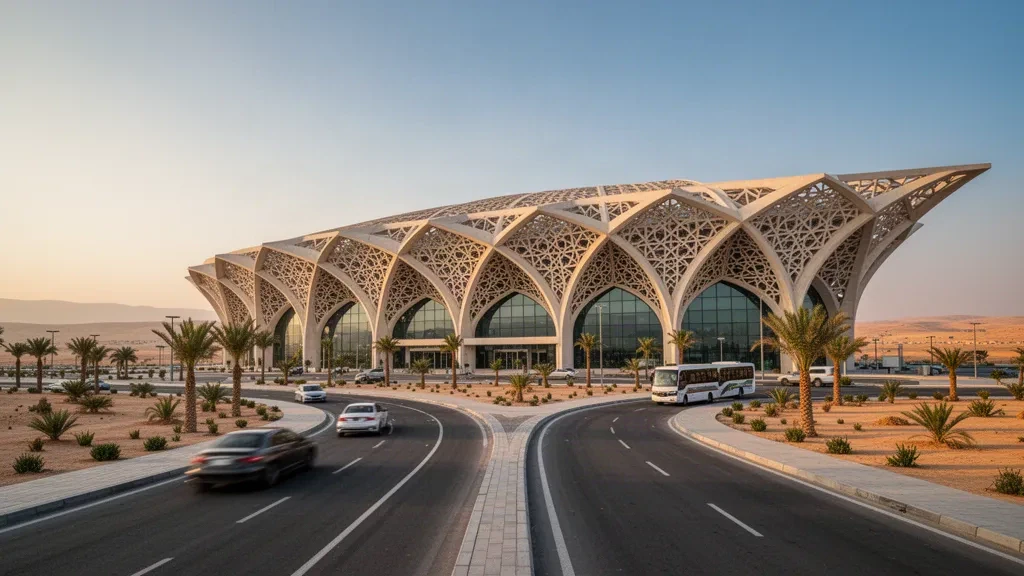 Toit du terminal blanc voûté et imposant de l'aéroport international Queen Alia près d'Amman, baigné d'une lumière dorée chaleureuse