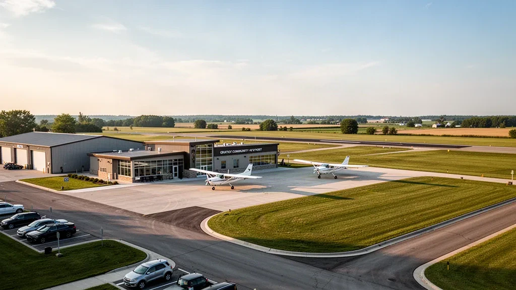 Aeropuerto Gratiot Community en Alma, Michigan, con una pequeña terminal, hangares y una pista de aviación general bajo la luz dorada del atardecer.