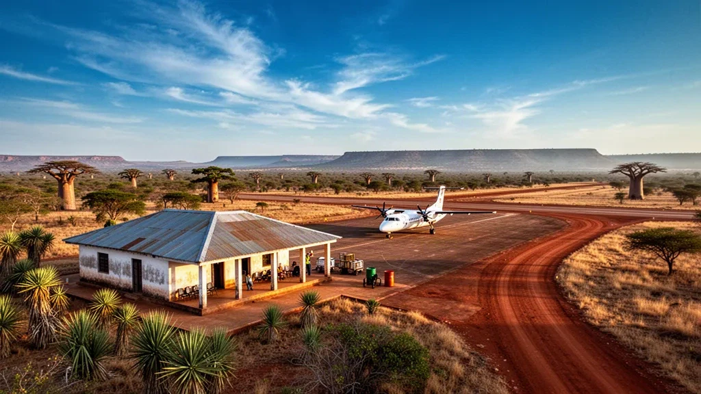 Petit terminal d'aérodrome rural et piste en terre desservant l'aéroport d'Ampanihy dans le sud de Madagascar sous une lumière chaude de fin d'après-midi