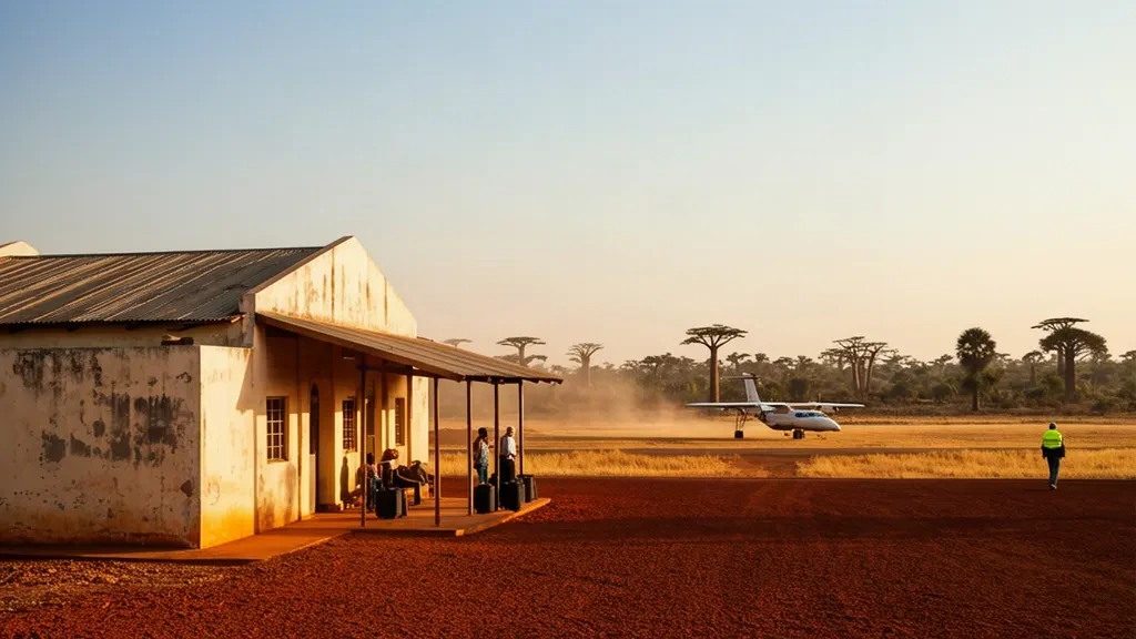 Piccolo edificio terminal rurale e pista in terra rossa all'aeroporto di Ampanihy, nel sud del Madagascar, sotto la luce del tardo pomeriggio