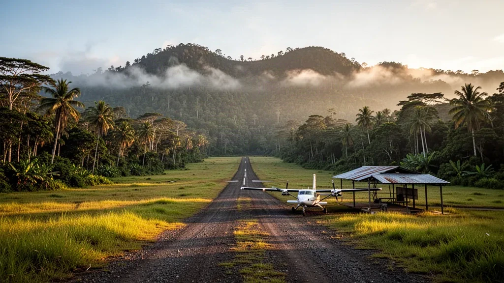 Remote tropical airstrip at Amanab Airport in Papua New Guinea, with a small utility aircraft parked beside dense rainforest and misty hills