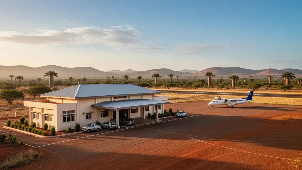 Small regional terminal and grass-lined runway at Ambatomainty Airport in western Madagascar under warm golden-hour light