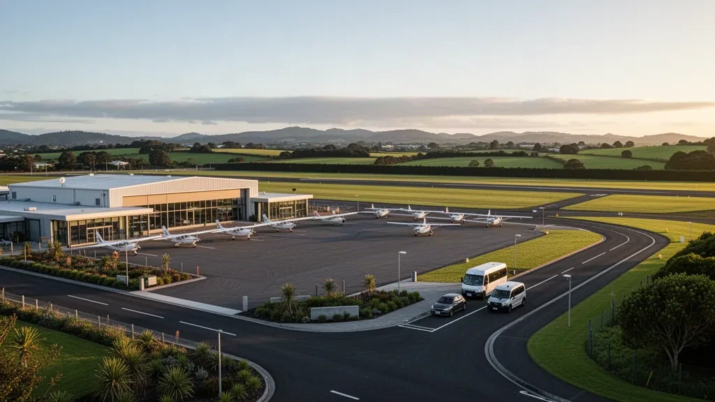 Leichtflugzeug auf dem Vorfeld des Flughafens Ardmore bei Auckland, mit modernen Hangars, Start- und Landebahnen und grünem Ackerland im Licht der goldenen Stunde.