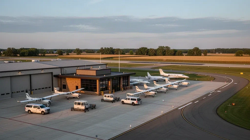 Aereo monomotore parcheggiato sul piazzale davanti al piccolo terminal dell'Aeroporto Municipale di Ames in Iowa durante l'ora d'oro