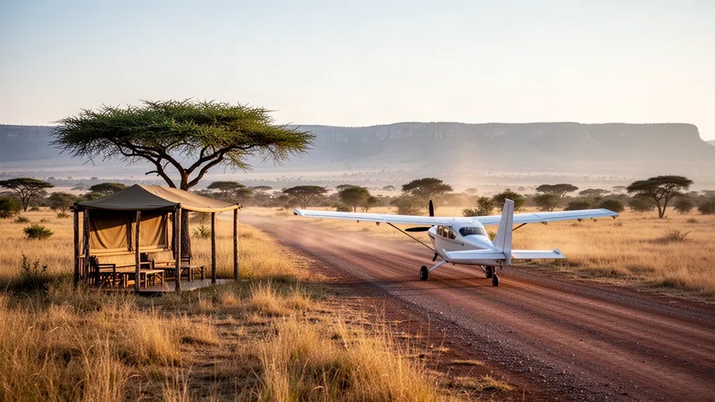 Light aircraft parked on the dusty Angama Mara safari airstrip in Kenya's Maasai Mara at golden hour, with savannah grass and the Oloololo Escarpment beyond