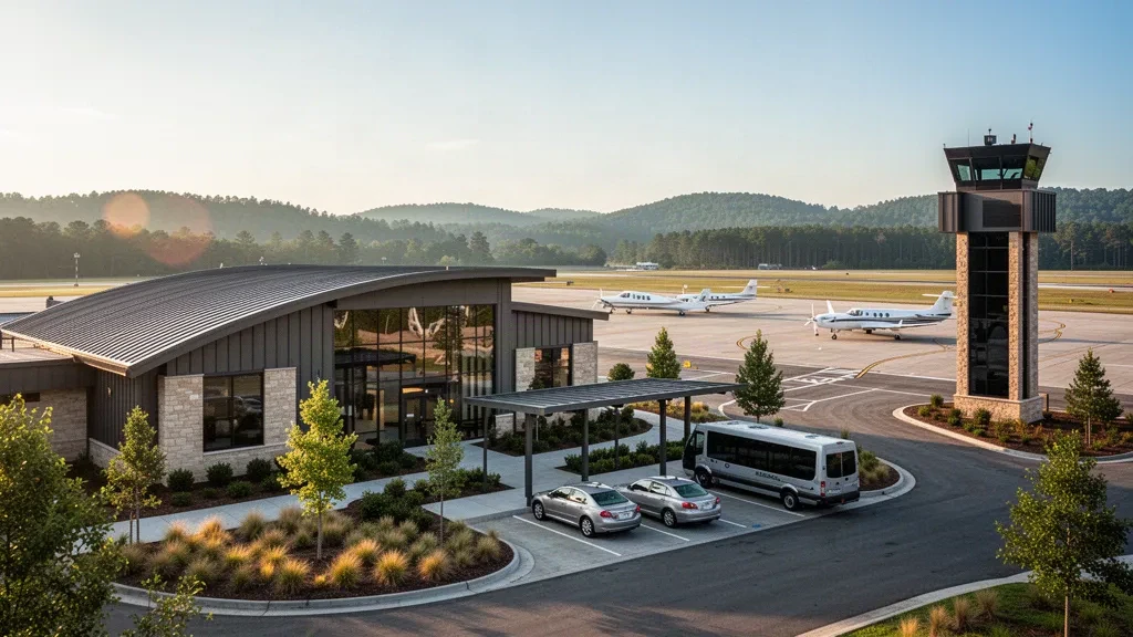 Anniston Regional Airport terminal, apron and control tower in Alabama at golden hour, with light aircraft and pine-covered hills beyond