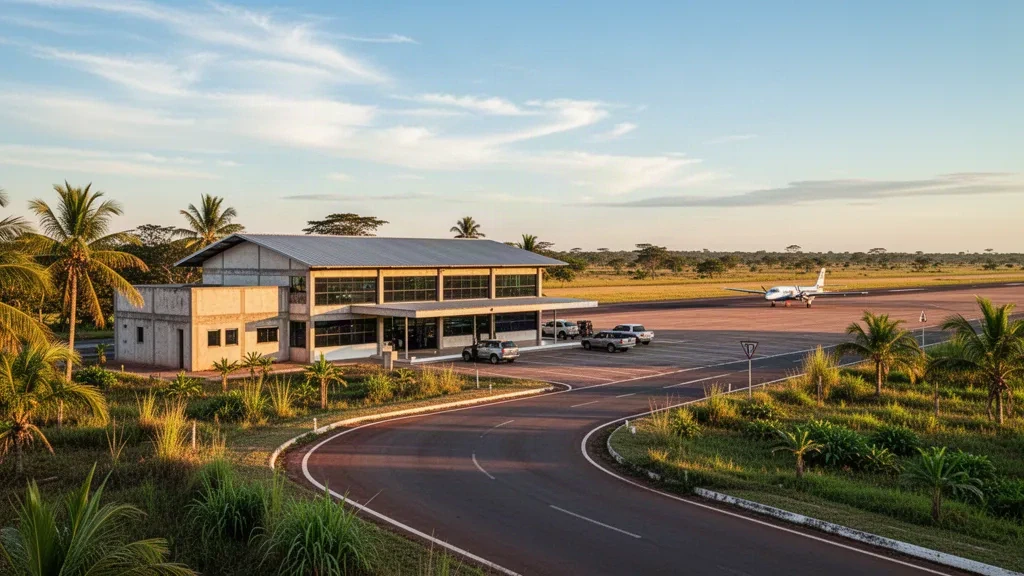 Golden-hour view of Ascención de Guarayos Airport in Bolivia with a small terminal, paved runway, tropical greenery and clear sky.