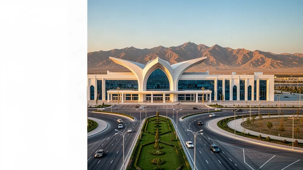 Vista amplia del exterior de la terminal del Aeropuerto Internacional de Asjabad, inspirada en un halcón blanco, y de las vías de acceso bajo un cálido cielo a la hora dorada.
