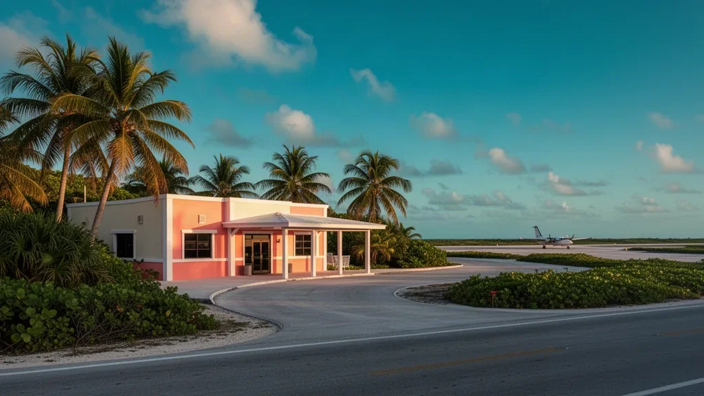 Terminal insulaire de faible hauteur à l'aéroport d'Andros Town aux Bahamas, entouré de palmiers sous un ciel tropical chaud de fin d'après-midi