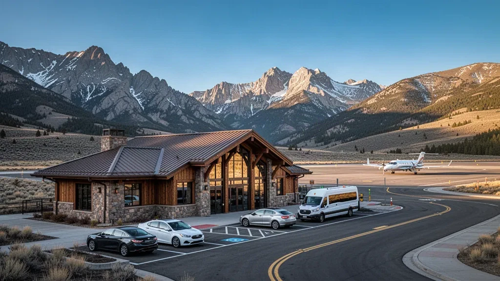 Aspen-Pitkin County Havaalanı terminali ve altın saatlerde karla kaplı Elk Dağları eşliğinde kaldırım bırakma şeridi