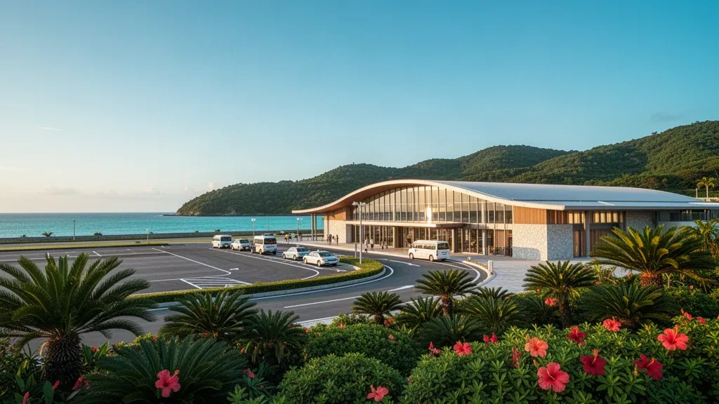 Modern glass terminal and subtropical greenery at Amami Airport on Amami Oshima, Japan, photographed in warm late-afternoon coastal light