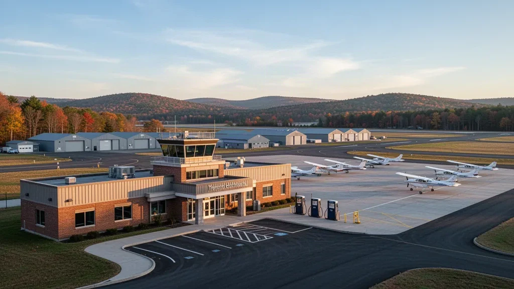 New Hampshire'daki Nashua Havalimanı Boire Field'da terminal binası ve kontrol kulesinin yanındaki apronda park etmiş hafif uçak