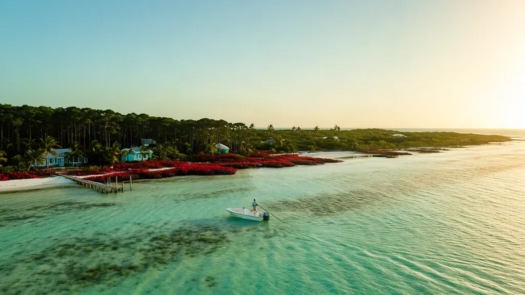Bahamalar'daki South Andros kıyı şeridi boyunca sıcak Karayip ışığı altında turkuaz kemik balıkçılığı sığlıkları, mangrovlar ve küçük bir kayık