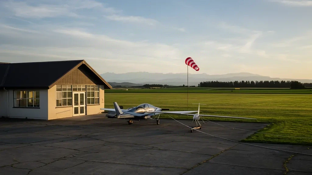 Aeronaves ligeras y un edificio terminal bajo en la plataforma del aeródromo de Ashburton (ASG) en Canterbury, Nueva Zelanda, en una tarde soleada