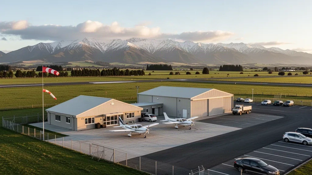 Piccolo terminal provinciale e piazzale dell'aeroporto di Ashburton con aerei leggeri, circondati dalle terre agricole delle Canterbury Plains e dalle Southern Alps.