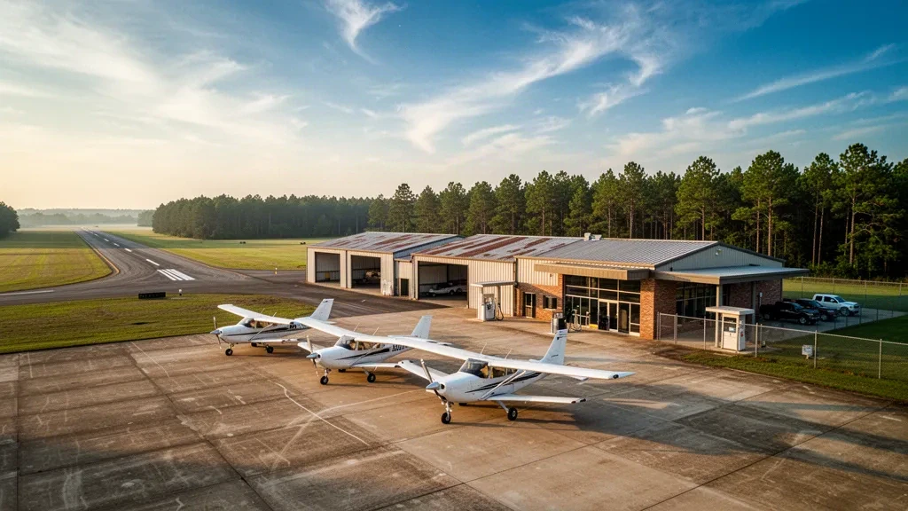Avion léger et hangars métalliques sur le tarmac de l'aéroport de Harrison County à Marshall, au Texas, baignés par une chaude lumière dorée.