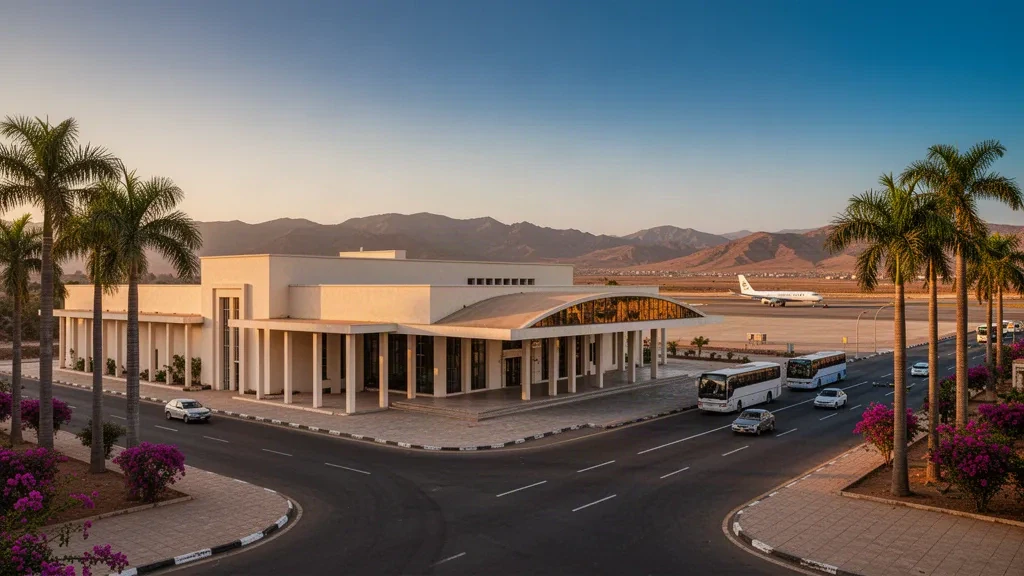Esterno modernista del terminal dell'Aeroporto Internazionale di Asmara in Eritrea durante l'ora d'oro, con palme e montagne dell'altopiano sullo sfondo
