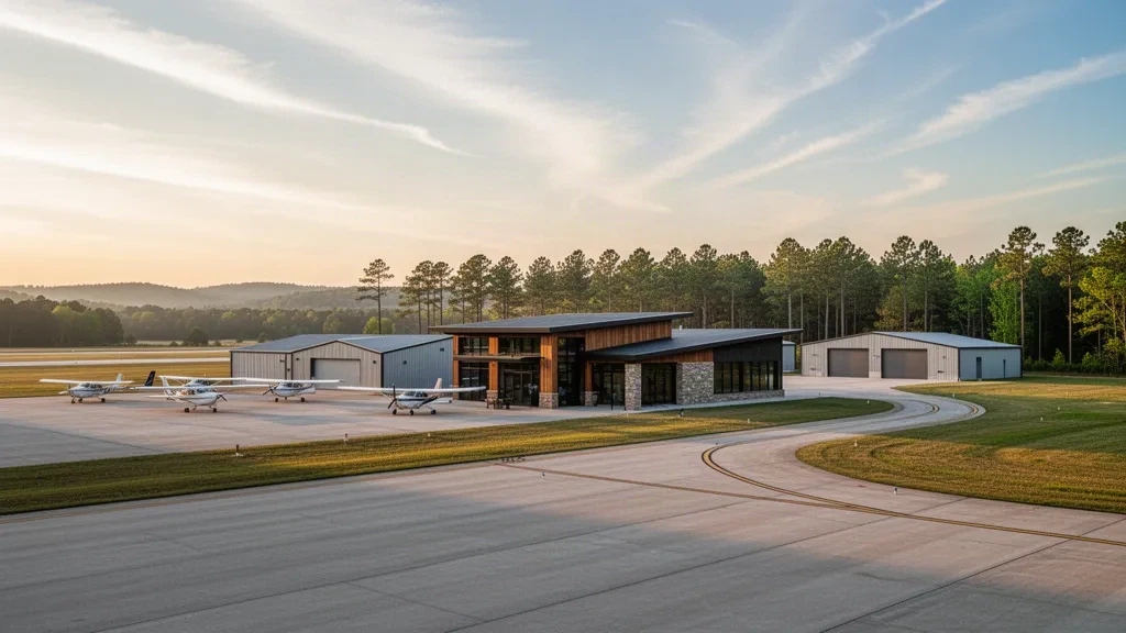 Veduta dell'aeroporto Talladega Municipal in Alabama durante l'ora dorata, con un piccolo terminal, hangar, piazzale e pista incorniciati dai pini.