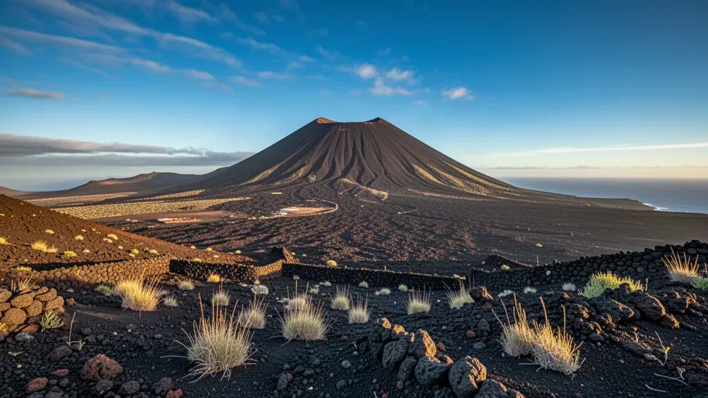 Der Vulkan Pico do Fogo ragt über die schwarzen Lavafelder der Chã das Caldeiras in Kap Verde bei warmem Licht des späten Nachmittags empor