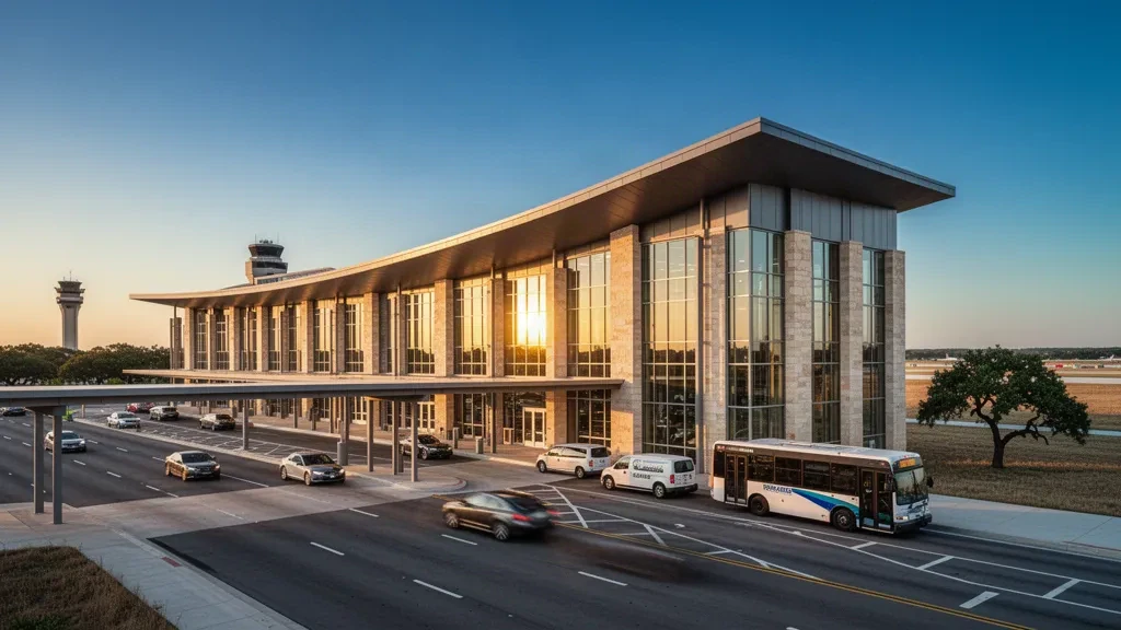 Exterior moderno de terminal de cristal en el aeropuerto internacional Austin-Bergstrom resplandeciendo a la hora dorada con carriles de bajada en la acera